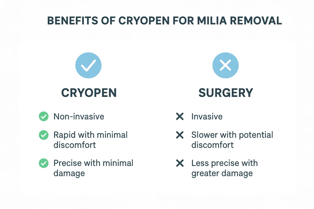 Benefits of cryopen for milia removal Chapel House compared to surgical treatments.