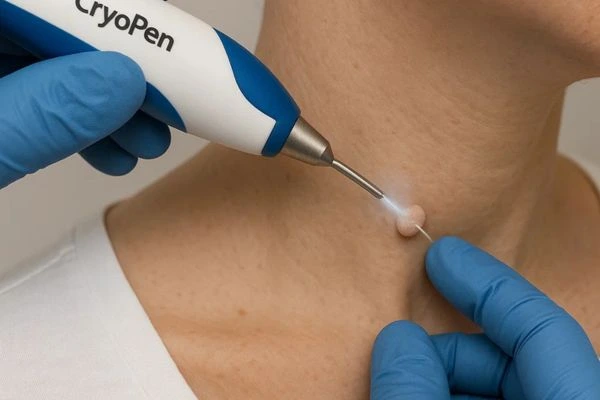 Person receiving cryotherapy Chapel House for skin tag removal