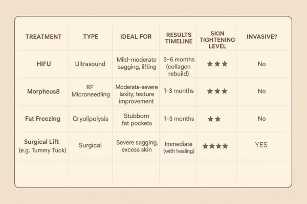 Table showing the comparisons of Skin tightening Chapel House treatment options.